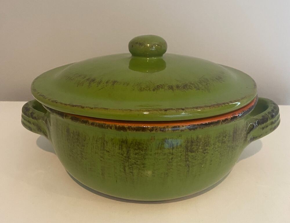 Vtg De Silva Pottery Terracotta Glazed Casserole Soup Bowl W/ Lid, Made in Italy